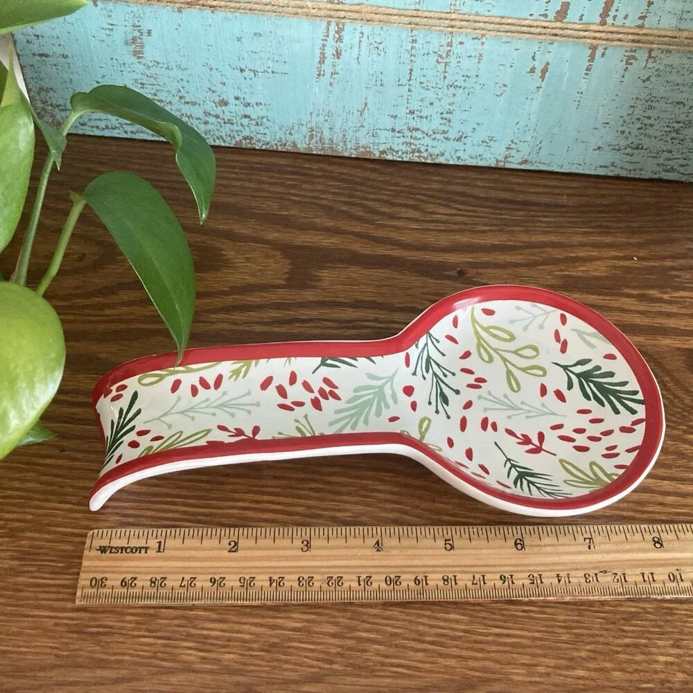 Crate & Barrel Eve Ceramic Spoon Rest Christmas Holly Berry Holiday Kitchen